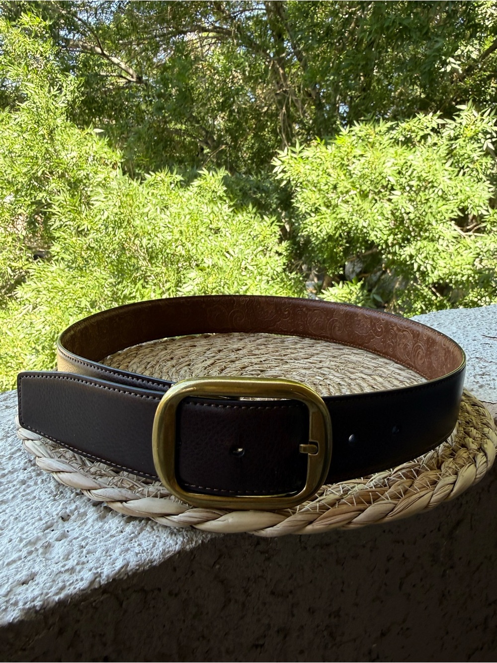 Robert graham reversible Dark Brown Leather Belt with Brass-Tone Oval Buckle